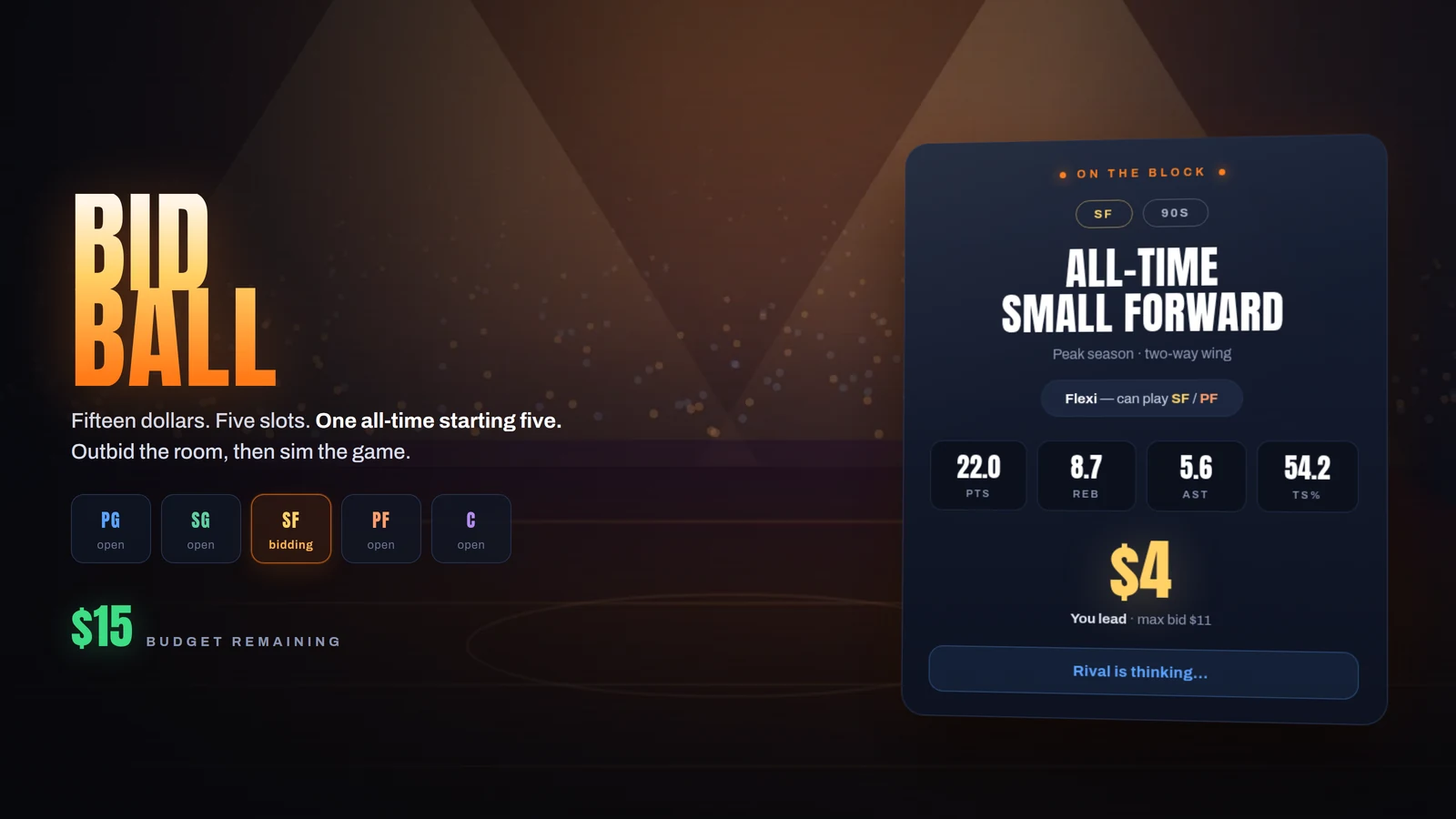 Bid Ball key art — the auction draft board in a spotlit arena