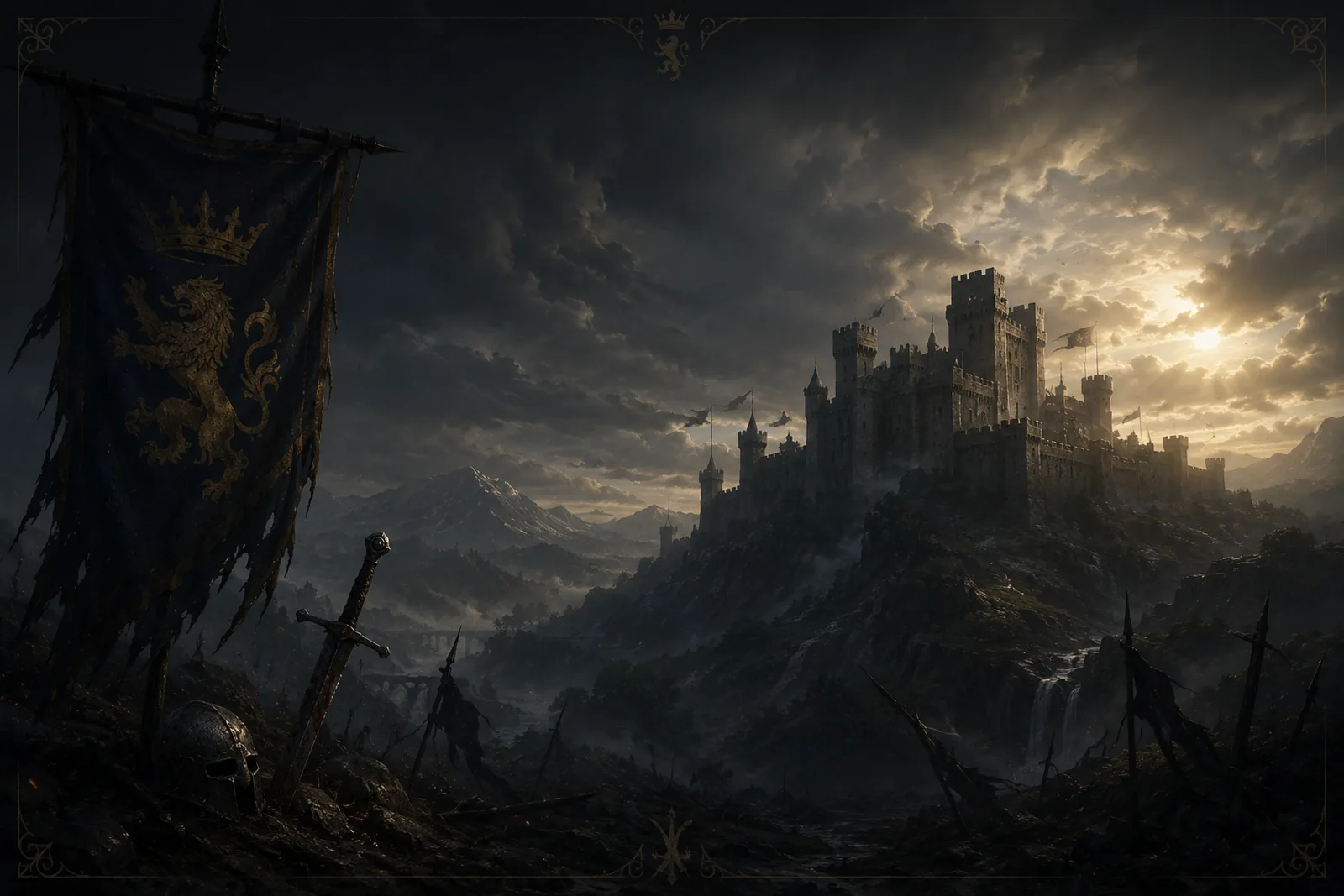 Knight's Reign key art — a castle on a hill beneath a stormy sky